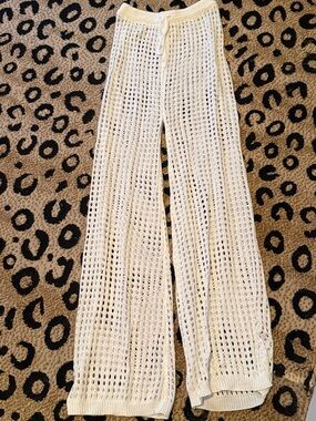 Cream Crochet Wide-Leg Knit Pants